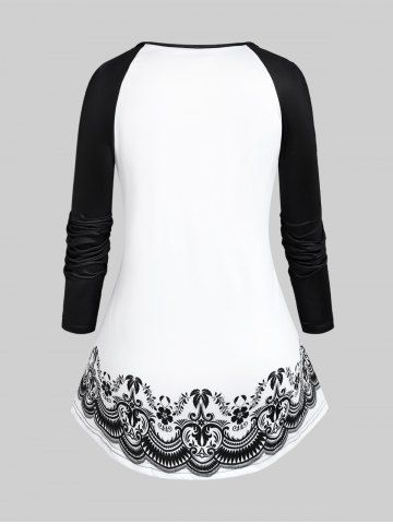 Gothic Raglan Sleeve Flower Skull Print Tee