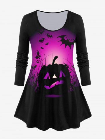 Halloween Long Sleeve Pumpkin Bat Print T-shirt - BLACK - 1X | US 14-16