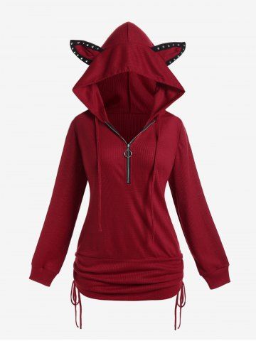 Plus Size Rivets Half Zipper Animal Ear Cinched Ruched Hooded Tee - DEEP RED - 2X | US 18-20