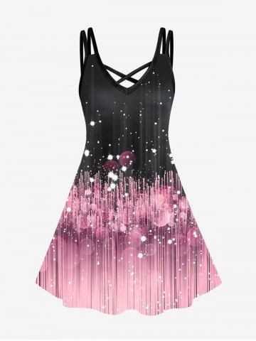 Plus Size 3D Sparkles Pinstripes Printed Crisscross A Line Sleeveless Dress - BLACK - 1X | US 14-16