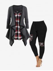Plaid Asymmetric Draped 2 in 1 Tee and 3D Ripped Print Skinny Leggings Plus Size Outfit -  