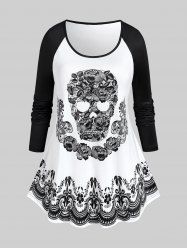 T-shirt Gothique à Imprimé Fleur Crâne à Manches Raglan - Blanc L | États-Unis 12