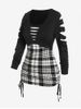 Plus Size Plaid Cinched Ruched Ripped Long Sleeves Tee -  