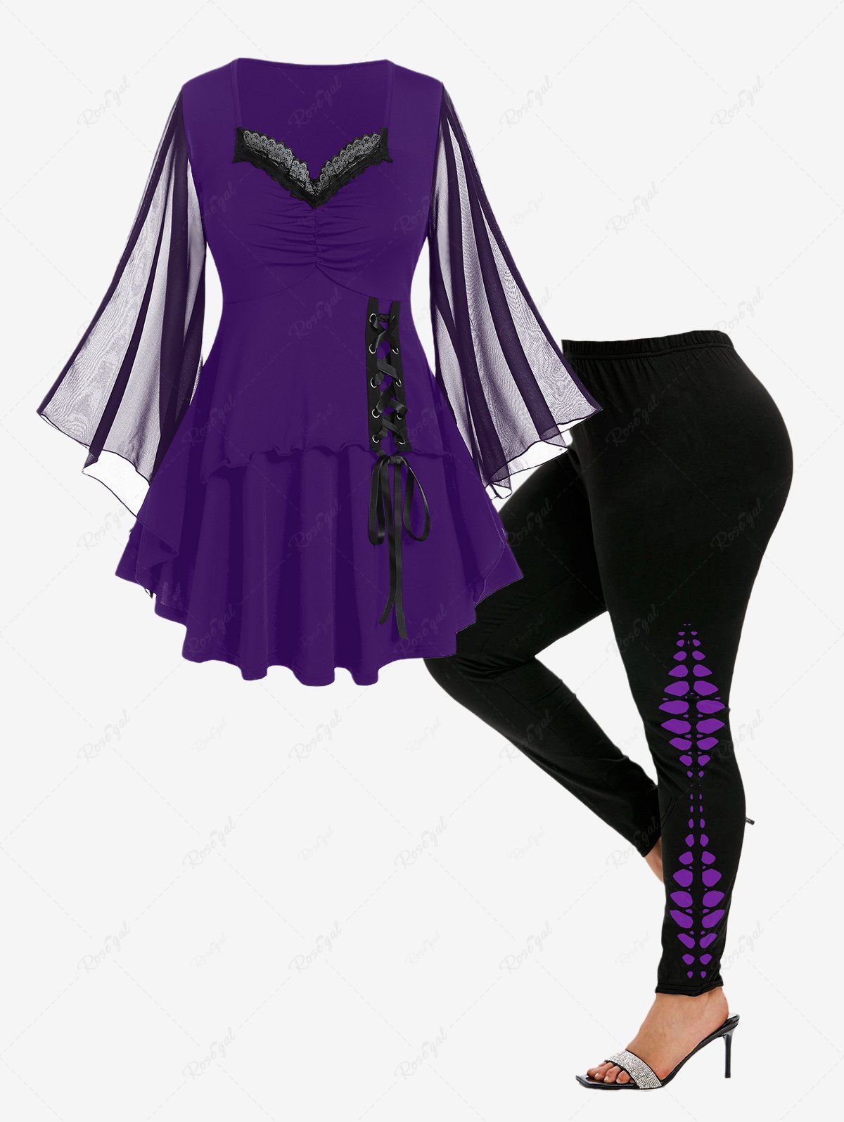 Hot Mesh Flare Sleeves Lace Up Ruched Tee and Gothic Skeleton Leggings  
