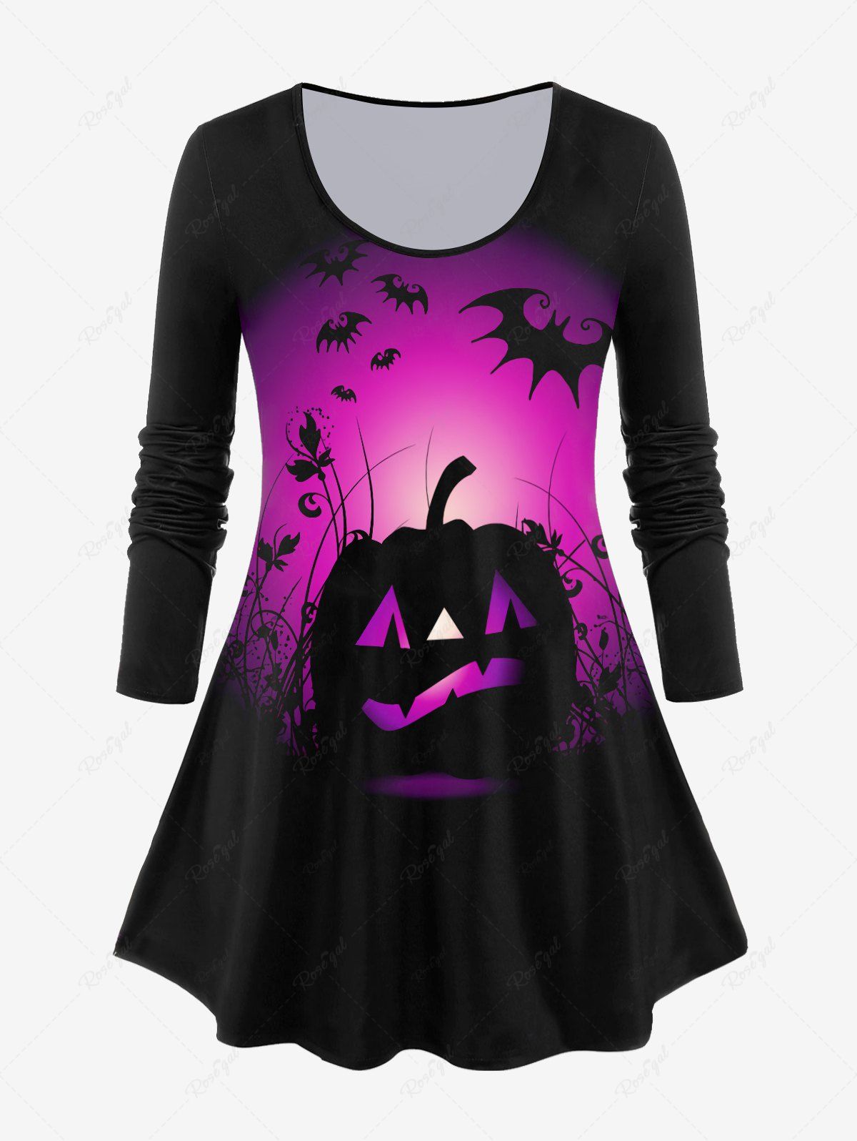 T-shirt D'Halloween à Imprimé Citrouille et Chauve-souris à Manches Longues Noir 5x | US 30-32