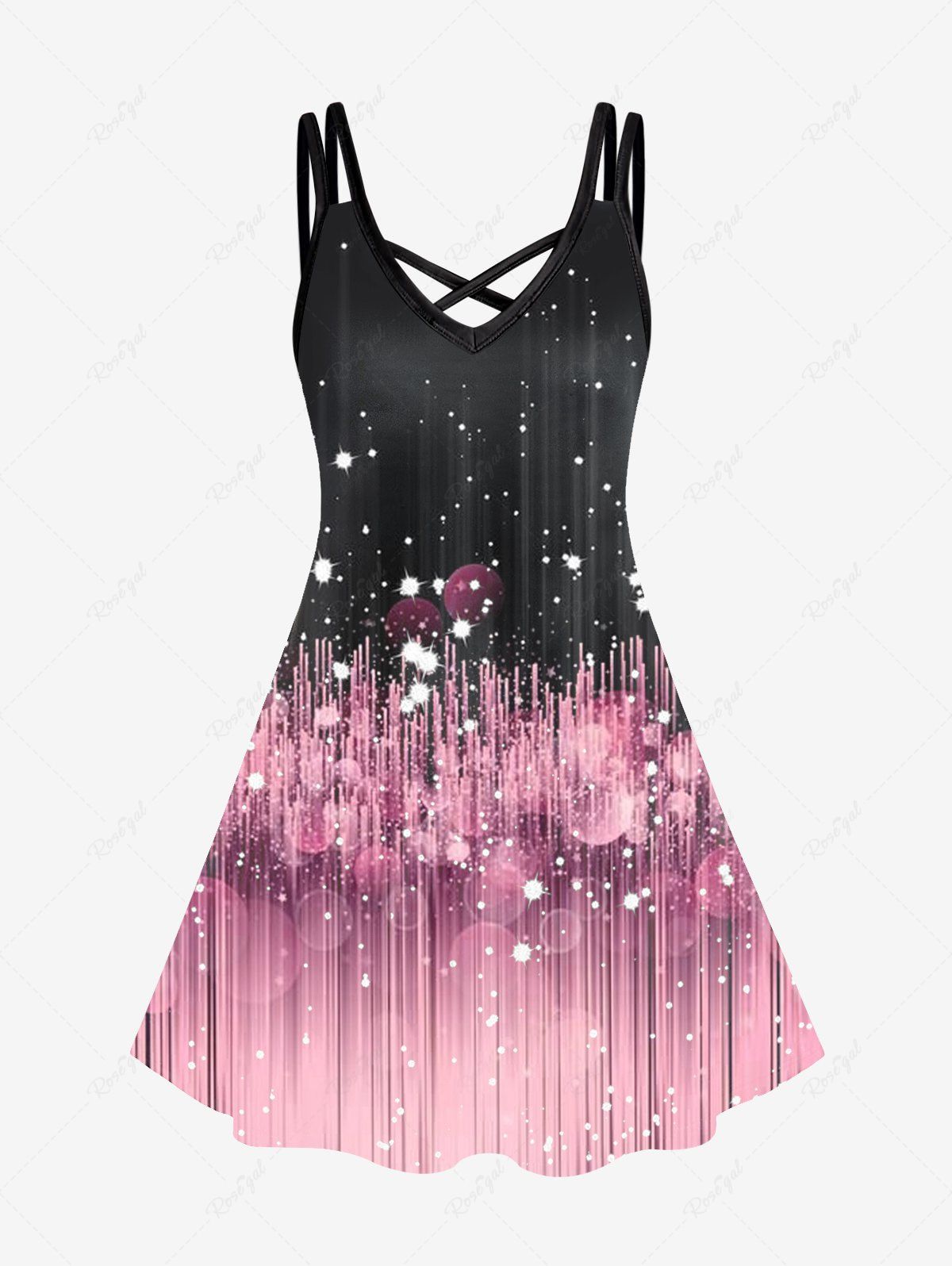Sale Plus Size 3D Sparkles Pinstripes Printed Crisscross A Line Sleeveless Dress  