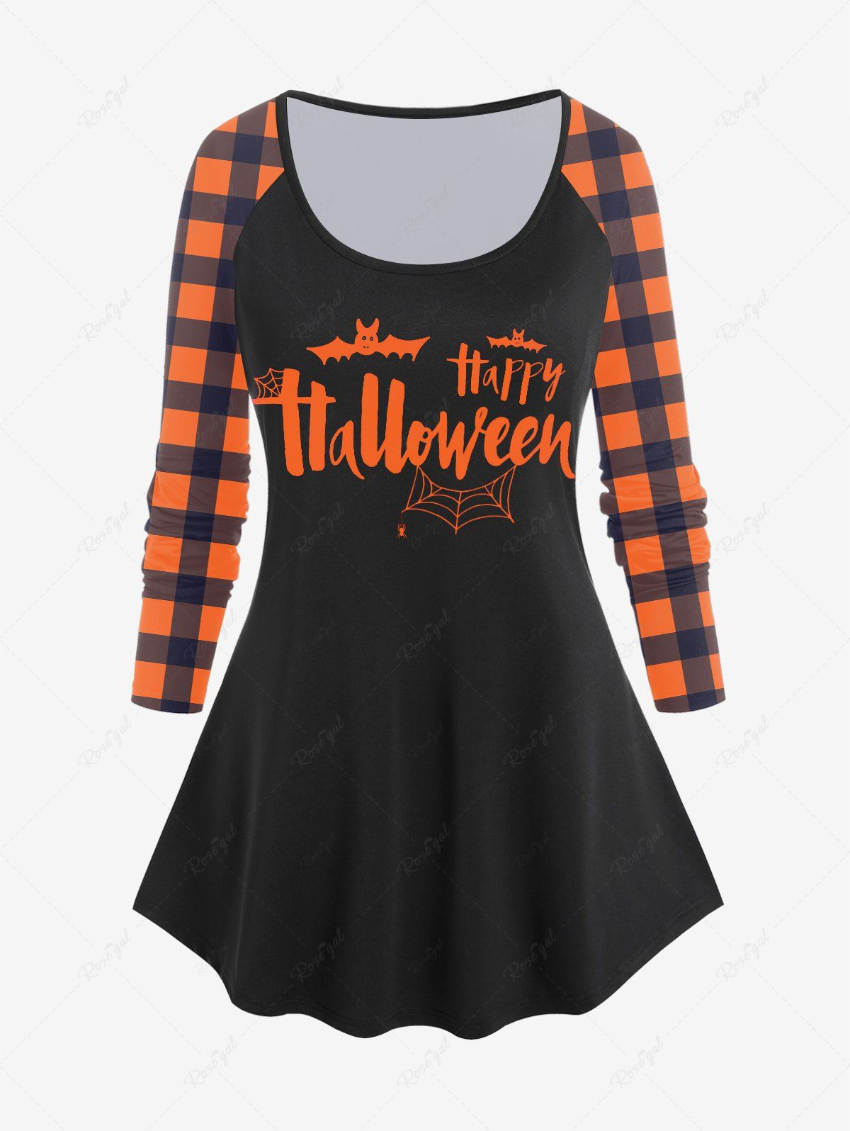 T-shirt D'Halloween à Imprimé Lettre Chauve-souris à Carreaux à Manches Raglan Orange 