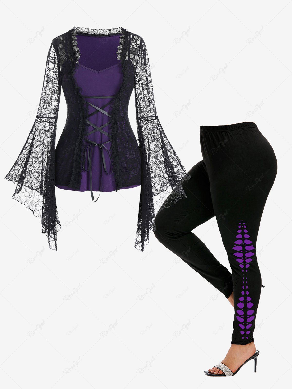 Fancy Gothic Bell Sleeve Skull Lace Lacing Tee and Skinny Leggings Outfit  