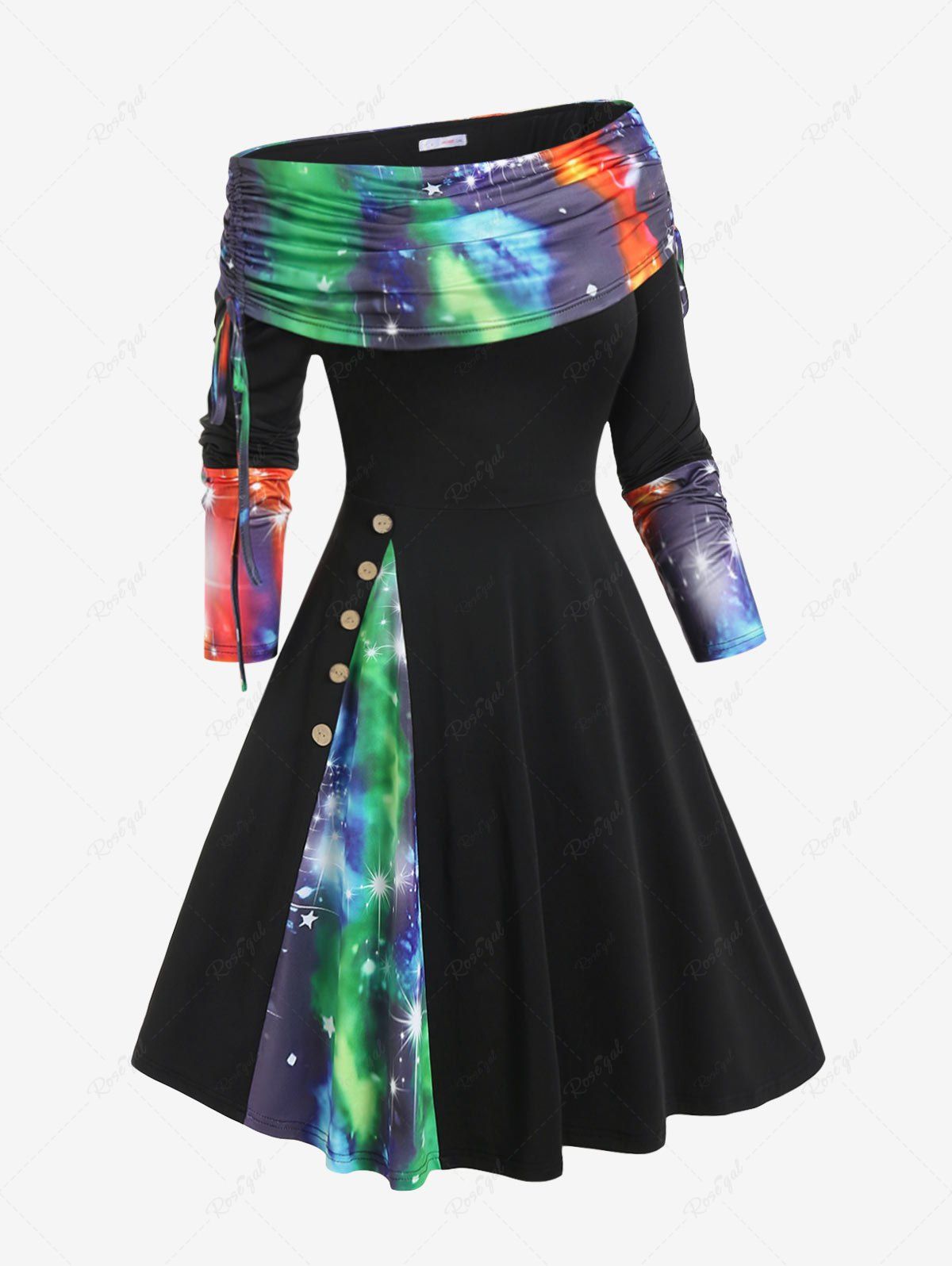 Latest Plus Size Skew Neck Cinched Foldover Tie Dye Starlight Print Midi Dress  