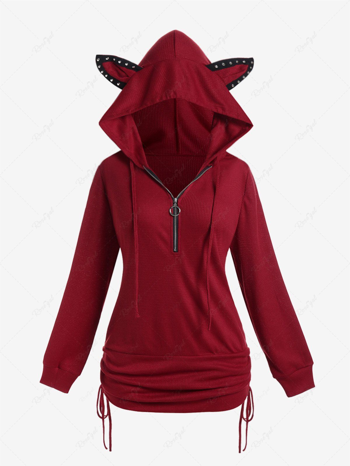 Fancy Plus Size Rivets Half Zipper Animal Ear Cinched Ruched Hooded Tee  