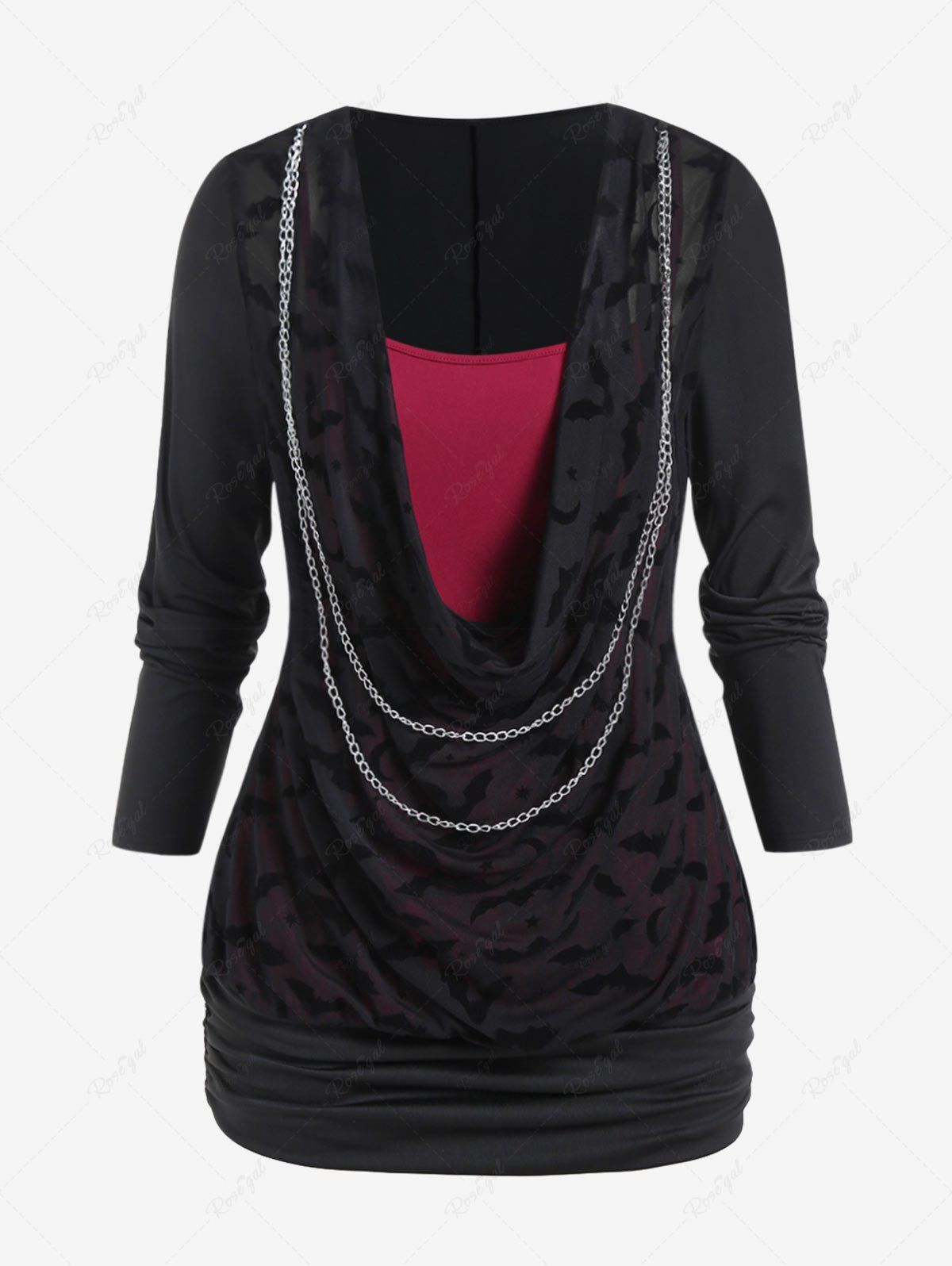 Fashion Gothic Bats Pattern Cowl Neck Chains Long Sleeves Blouson Tee  
