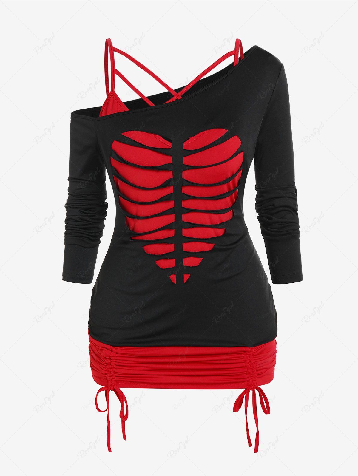 Trendy Gothic Skew Neck Ripped Skeleton Faux Twinset Cinched Tee  
