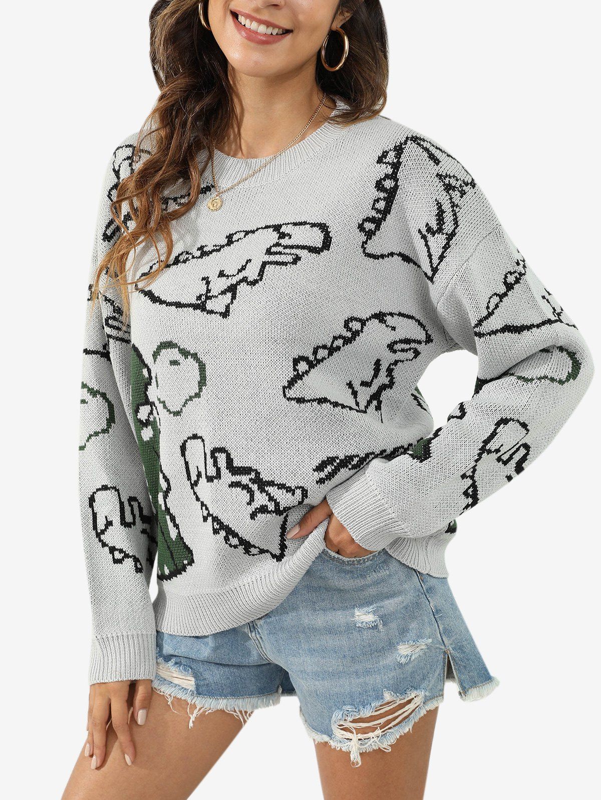 Outfit Plus Size Cartoon Dinosaurs Pattern Drop Shoulder Sweater  
