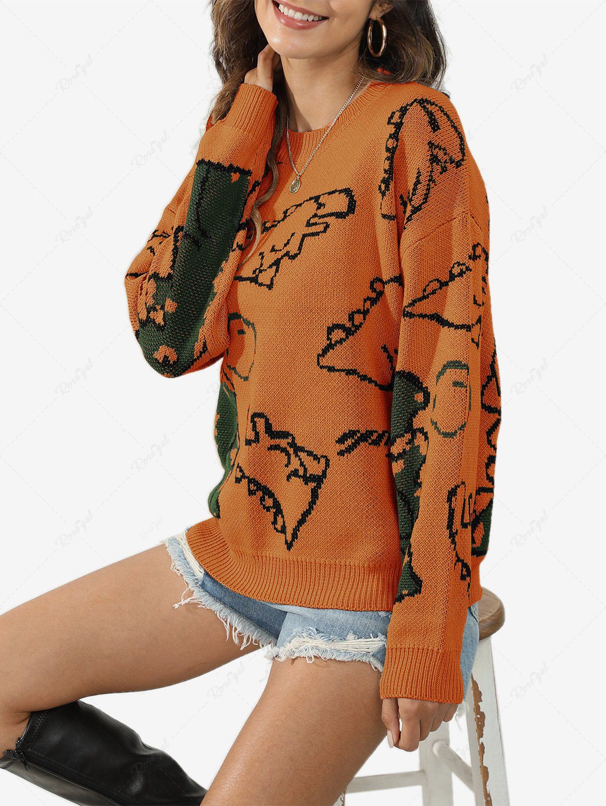 Shops Plus Size Cartoon Dinosaurs Pattern Drop Shoulder Sweater  