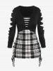 Plus Size Plaid Cinched Ruched Ripped Long Sleeves Tee -  