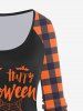 T-shirt D'Halloween à Imprimé Lettre Chauve-souris à Carreaux à Manches Raglan - Orange 