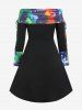 Robe Mi-Longue Plissée Teintée Imprimée de Grande Taille à Col Oblique - Noir 1x | US 14-16