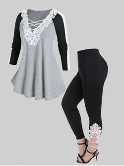 Raglan Sleeve Lace Panel Colorblock Tee and High Rise Lace Panel Leggings Plus Size Outfit - LIGHT GRAY