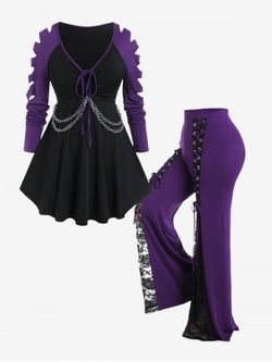 Ladder Cutout Sleeve Chains Tee and Lace-up Bell Bottom Pants Gothic Outfit - PURPLE