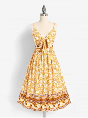 Plus Size & Curve Bohemian Bowknot Floral Print Maxi Dress - YELLOW - L | US 12