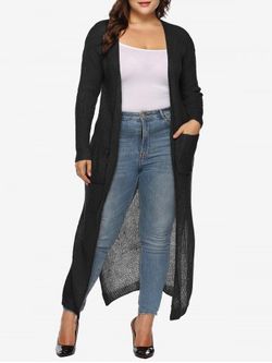 Plus Size Slit Solid Longline Open Front Cardigan with Pockets - BLACK - 3XL