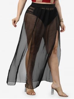 Plus Size See Thru High Slit Swimsuit Skirt Cover Up - BLACK - 4XL
