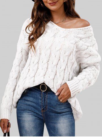 Plus Size Cable Knit Hooded Drop Shoulder Solid Jumper - WHITE - S