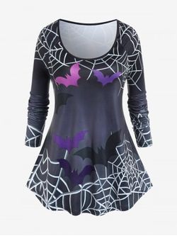 Halloween Bats Spider Web Printed Raglan Sleeves T-shirt - BLACK - 4X | US 26-28