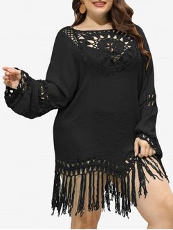 Plus Size Crochet Tassels Swimsuit Cover Up - BLACK - ONE SIZE