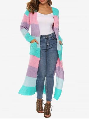 Plus Size Colorblock Stripes Slit Drop Shoulder Longline Cardigan with Pocket