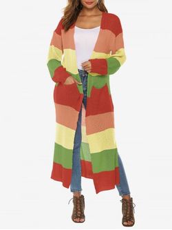 Plus Size Colorblock Stripes Slit Drop Shoulder Longline Cardigan with Pocket - ORANGE - 3XL