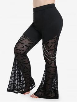 Gothic Bats Pattern Lace Panel Chains Pull On Flare Pants - BLACK - M | US 10