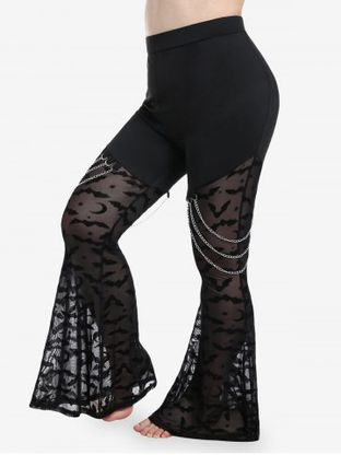 Gothic Bats Pattern Lace Panel Chains Pull On Flare Pants