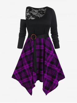 Plus Size Handkerchief Skew Neck Plaid Dress with Sheer Lace Crop Top - PURPLE - 1X | US 14-16