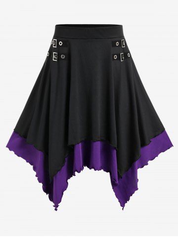 Gothic Buckles Two Tone Double Layered Handkerchief Skirt - BLACK - 4X | US 26-28