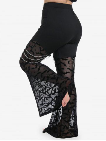 Gothic Bats Pattern Lace Panel Chains Pull On Flare Pants