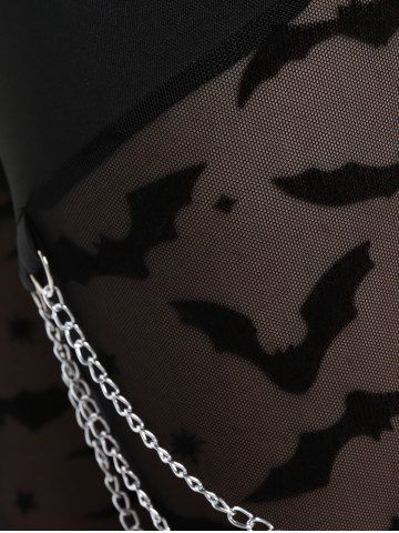 Gothic Bats Pattern Lace Panel Chains Pull On Flare Pants