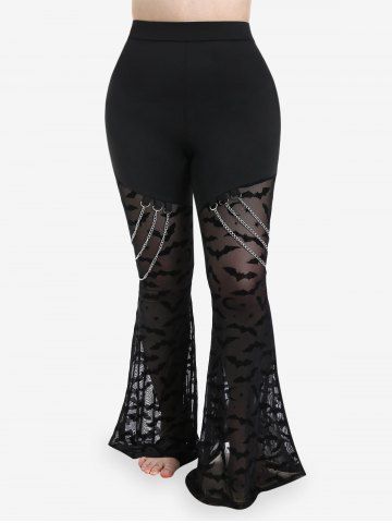 Gothic Bats Pattern Lace Panel Chains Pull On Flare Pants
