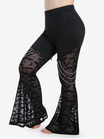 Gothic Bats Pattern Lace Panel Chains Pull On Flare Pants - BLACK - L | US 12