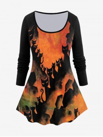 Halloween Raglan Sleeve Cat Print T-shirt - BLACK - 3X | US 22-24