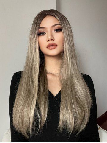 Brown Mixed Color Long Straight Synthetic Daily Wig - LIGHT KHAKI - 24INCH