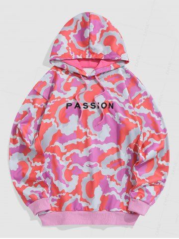 PASSION Embroidered Fleece Lining Camo Hoodie - LIGHT PINK - S