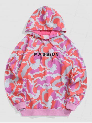 PASSION Embroidered Fleece Lining Camo Hoodie - LIGHT PINK - XXL