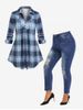 Plaid Blouse and Frayed Hem Ripped Skinny Jeans Plus Size Outfit -  