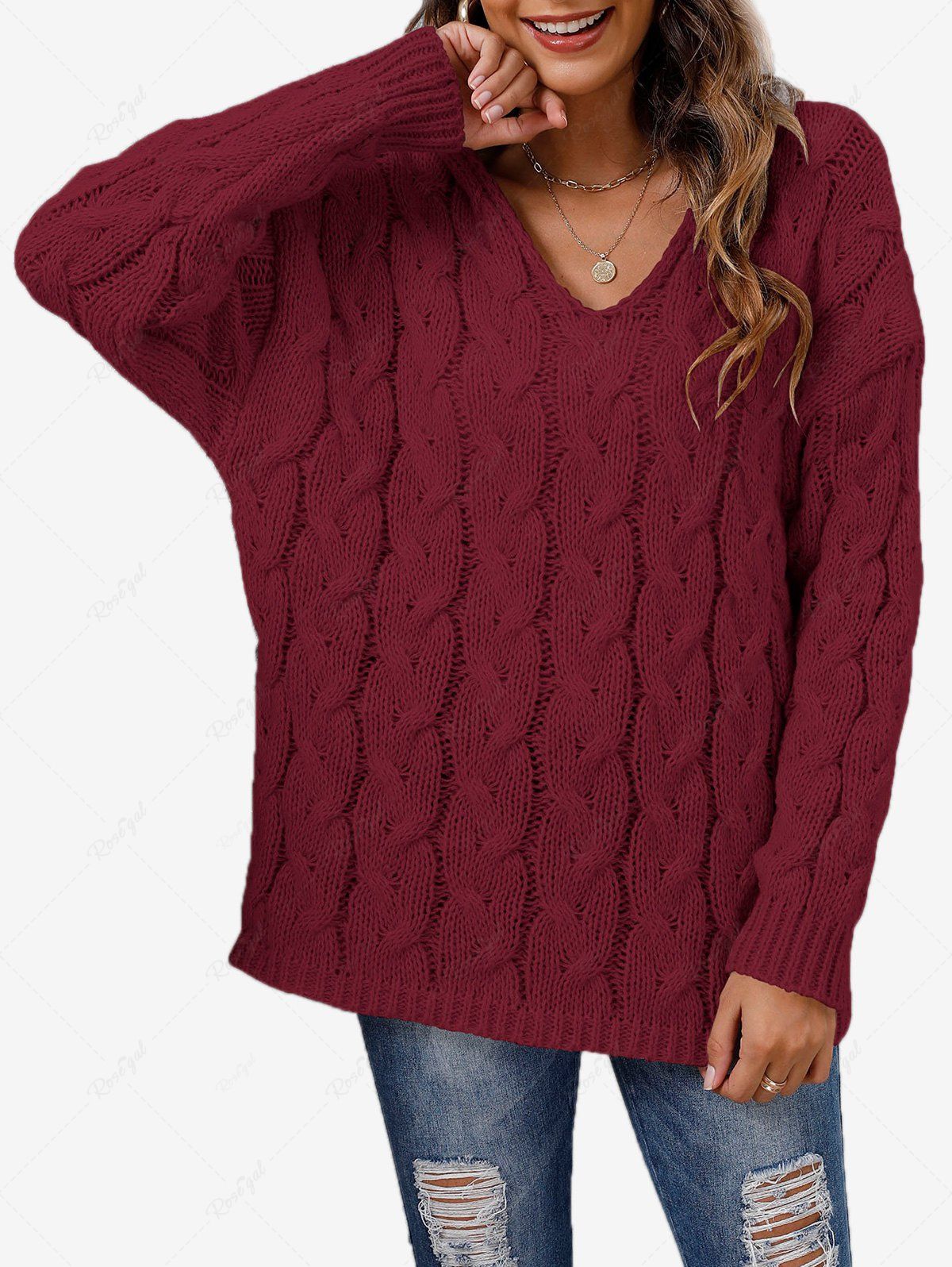 Latest Plus Size Cable Knit Hooded Drop Shoulder Solid Jumper  