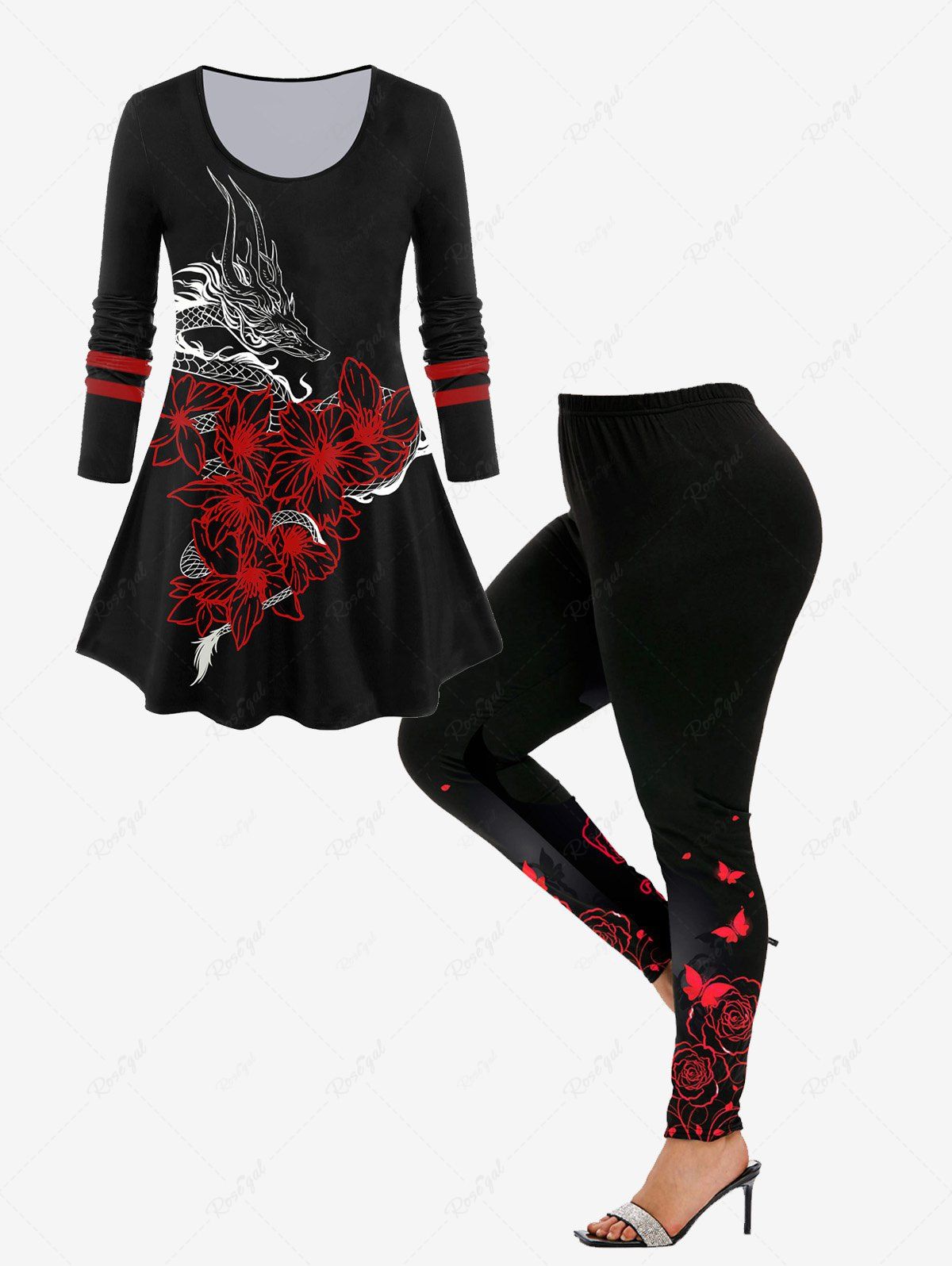Outfits Dragon Flower Printed Tee and Butterfly Rose Printed Leggings Plus Size Outfit  