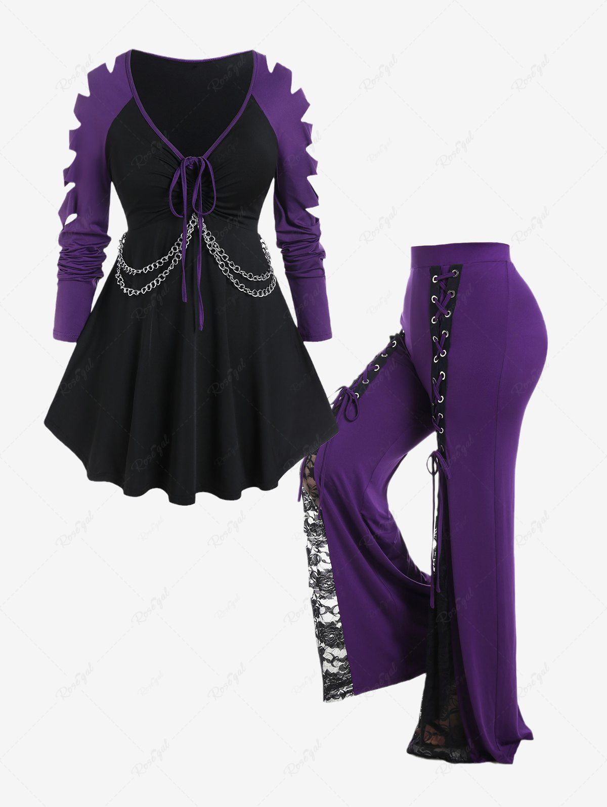 New Ladder Cutout Sleeve Chains Tee and Lace-up Bell Bottom Pants Gothic Outfit  