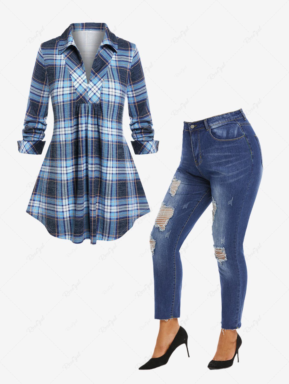 Shops Plaid Blouse and Frayed Hem Ripped Skinny Jeans Plus Size Outfit  