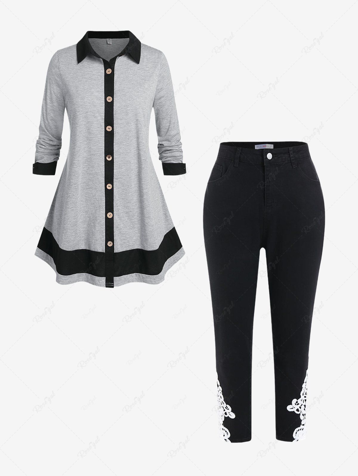 Discount Bicolor Button Up Tunic Shirt and Lace Guipure Jeans Plus Size Outfit  
