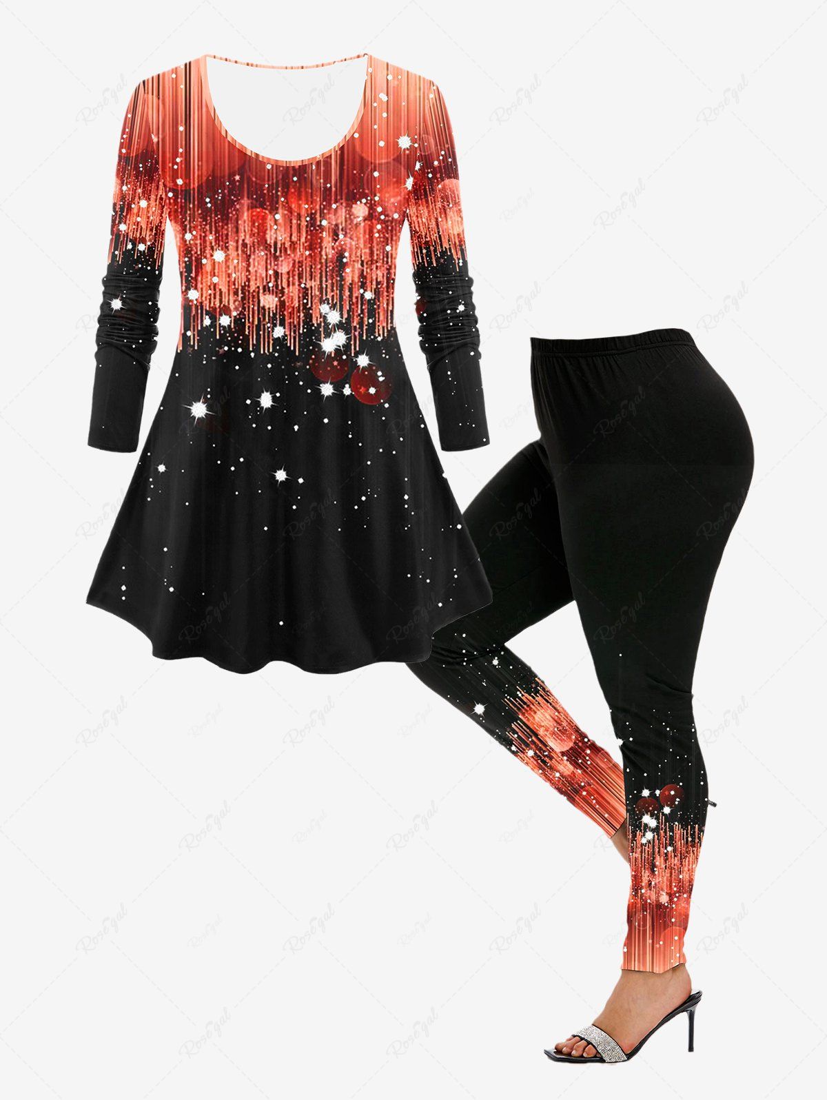 Outfits 3D Sparkles Pinstripes Printed Tee and High Waist Skinny Leggings Plus Size Outfit  